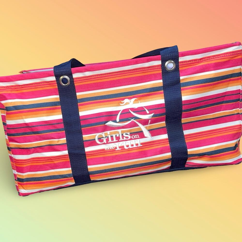 Thirty-One Large Utility Tote Girls On The Run Pink Orange Stripe Bag 31 Gift